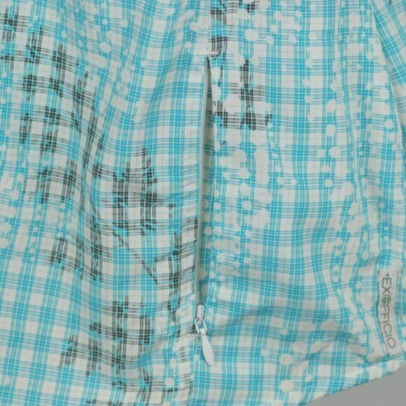 Exofficio Women's Medium Blue White Plaid V-Neck Short Sleeve Button Up Shirt - Picture 5 of 7